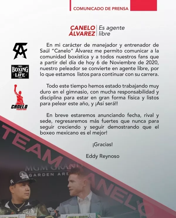 Eddy Reynoso declara a Canelo “Agente Libre”
