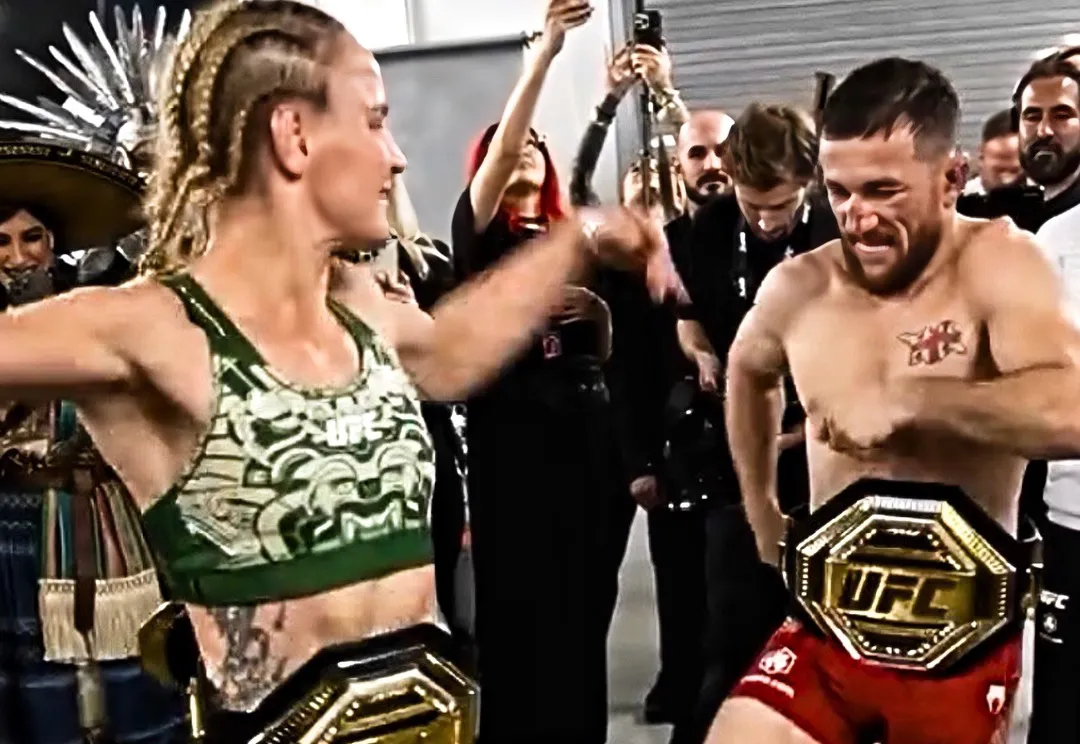 El baile de Merab Dvalishvili y Valentina Shevchenko como nuevos campeones